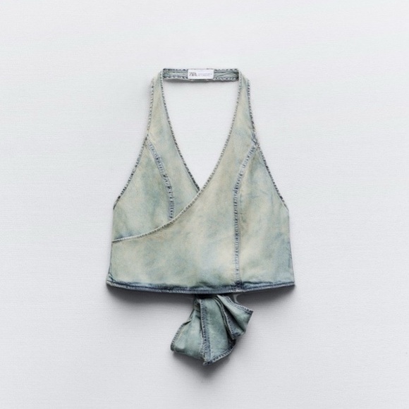 π ZARA DENIM ACID WASH HALTER STYLE BACK TIE CROP TOP! - Picture 13 of 15